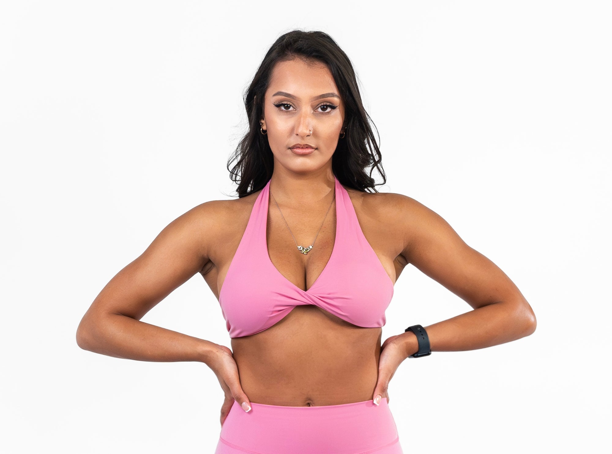 womens open back sports bra in pink