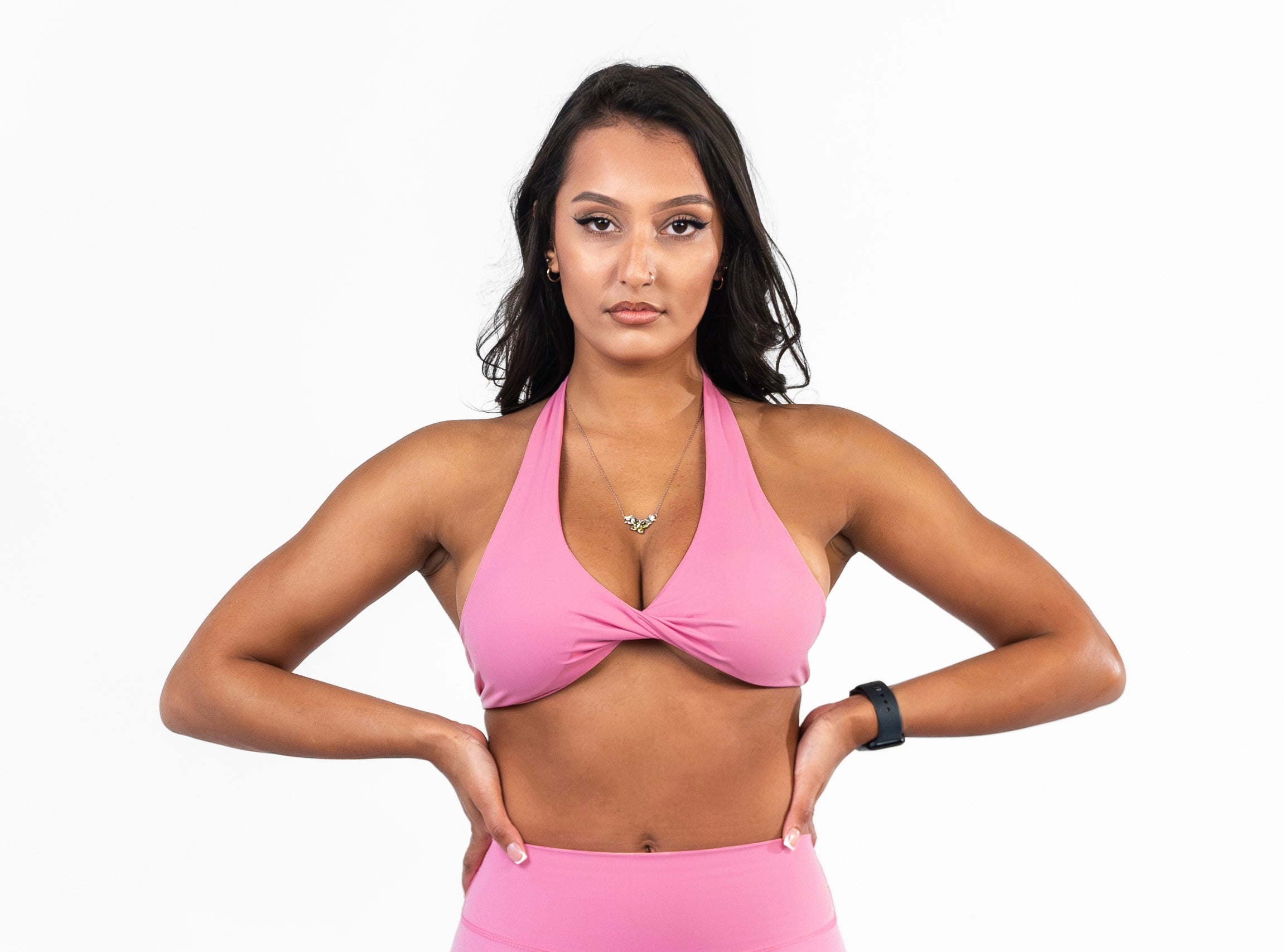 womens open back sports bra in pink