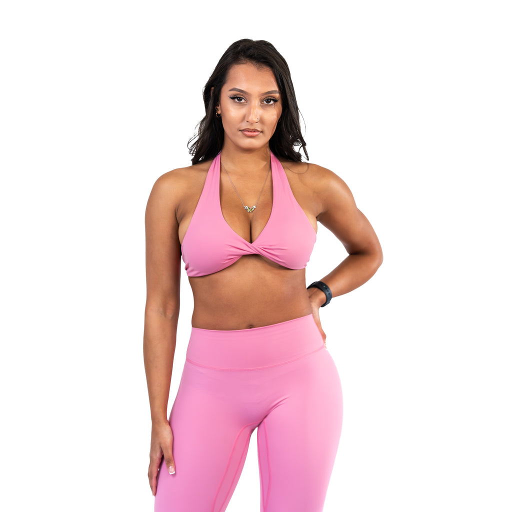 womens open back sports bra in pink