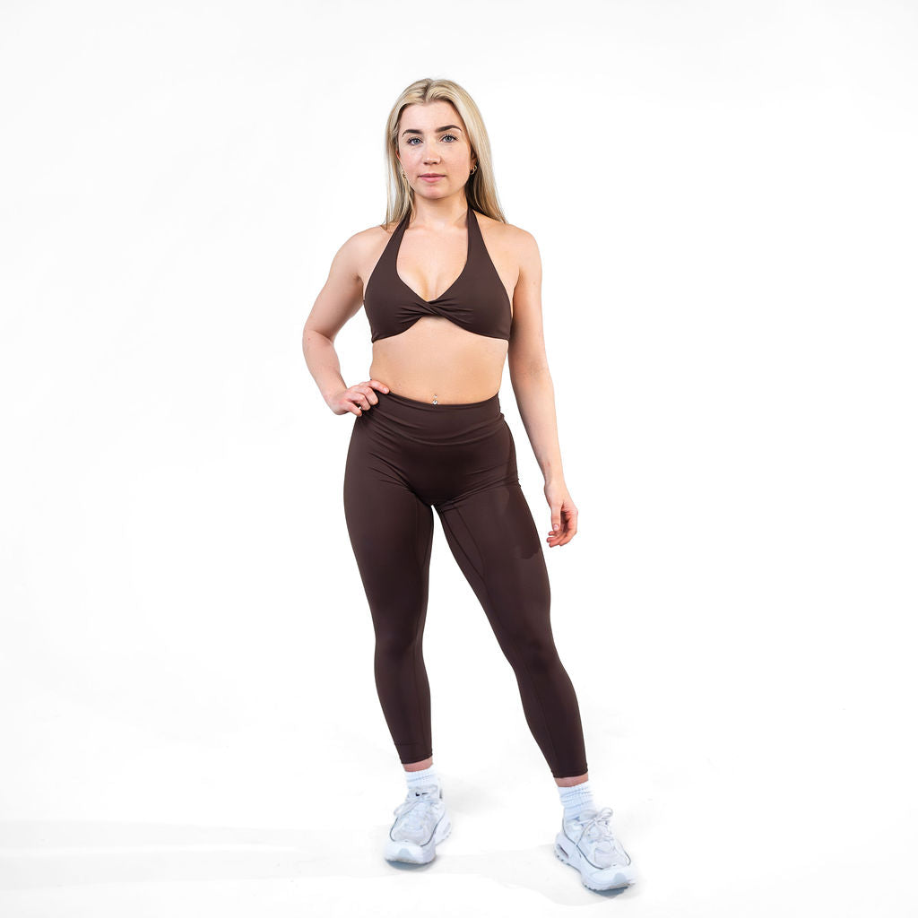 womens open back sports bra in Brown