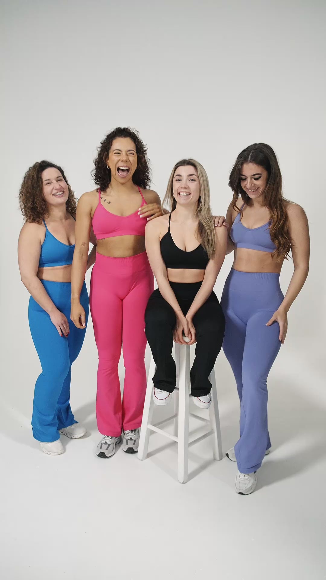 Load video: 3 different models (girls) wearing alkaline refined set, green, pink, and navy.